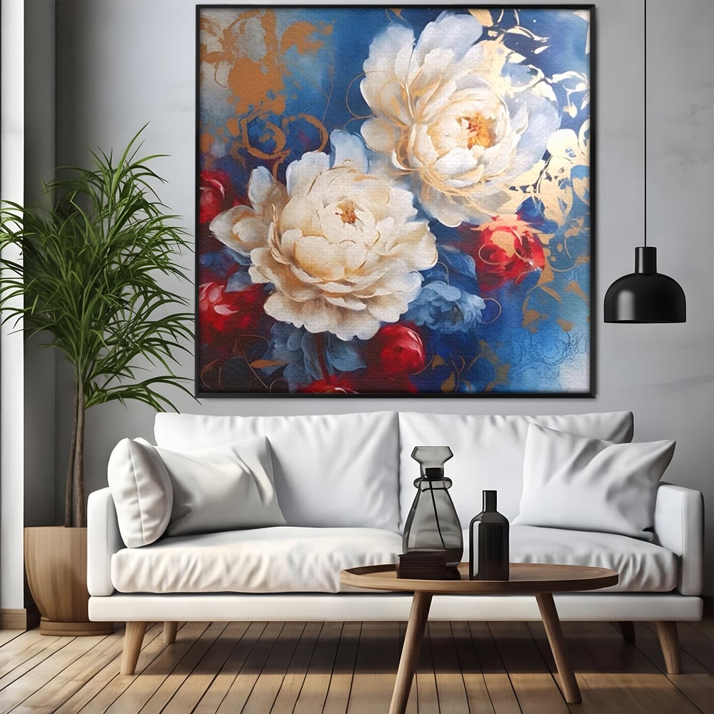 Tablou canvas cu pictura abstracta cu bujori albi, in rama de aluminiu negru, pe perete intr-un living